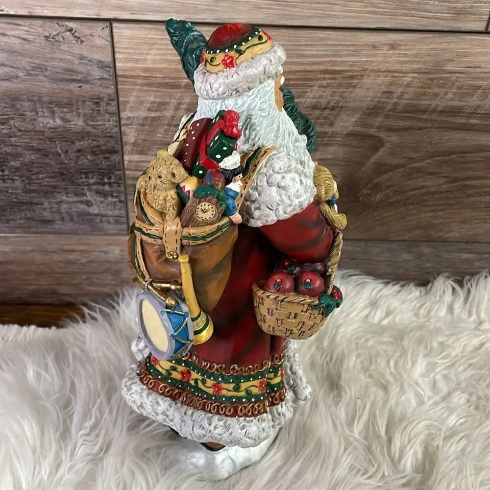 Vintage Resin Santa Holding Tree, Teddy Bear & Basket of Apples,Toy Bag on Back